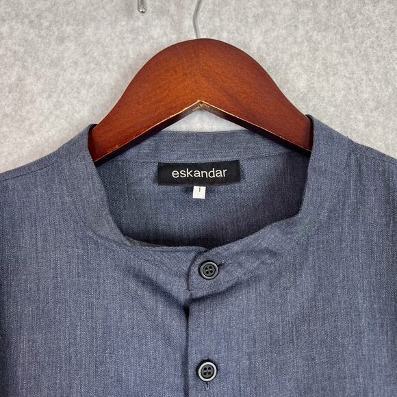 Eskandar Blue 100% Cotton Band Collar 3/4 Sleeve Button Up Tunic Size 1 - Picture 7 of 8